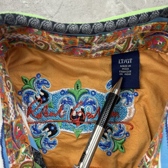 Robert Graham Shirt Mens Large Tall Stripe Paisley Trim Flip Cuff Striped Casual - Picture 6 of 10